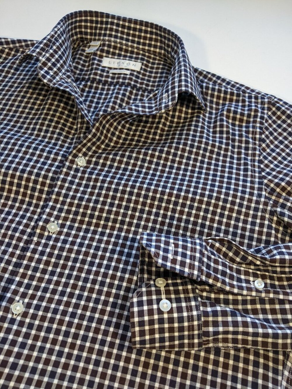 Lipson Contemporary long sleeve plaid checks Brown shaped Shirt Men's Size 15.5